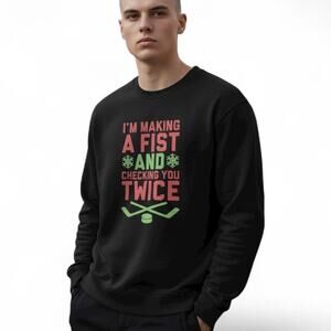 Festive Ugly Holiday Hockey Black Crewneck Pullover Sweater Unisex size 2XL